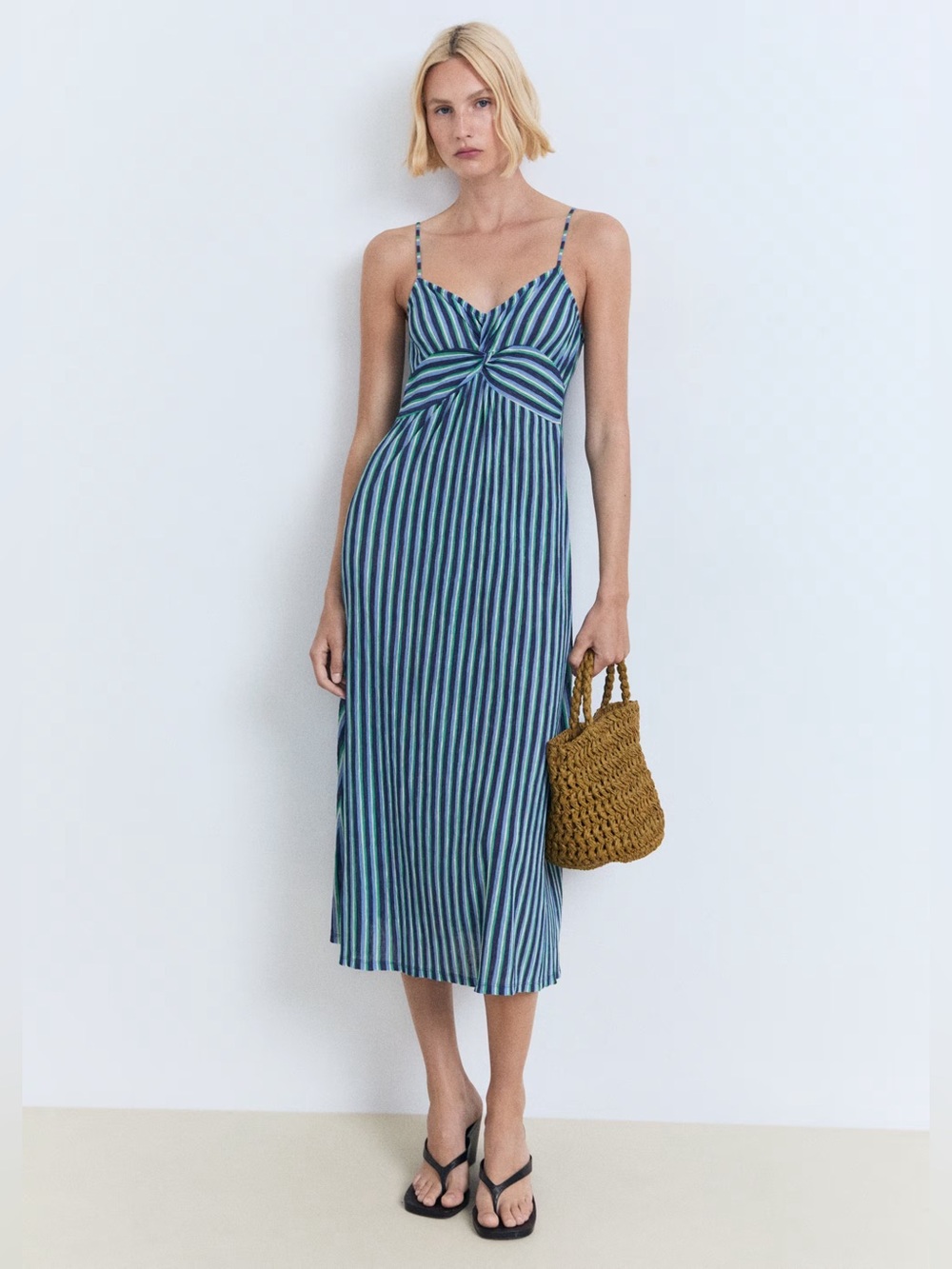 Mango Blue striped gathered dress NWT
